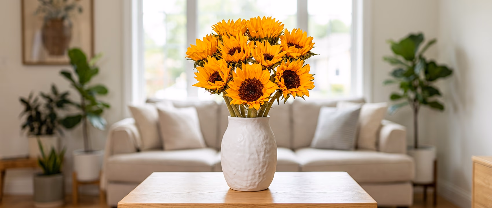 Pink and yellow flowers in a white vase on a table