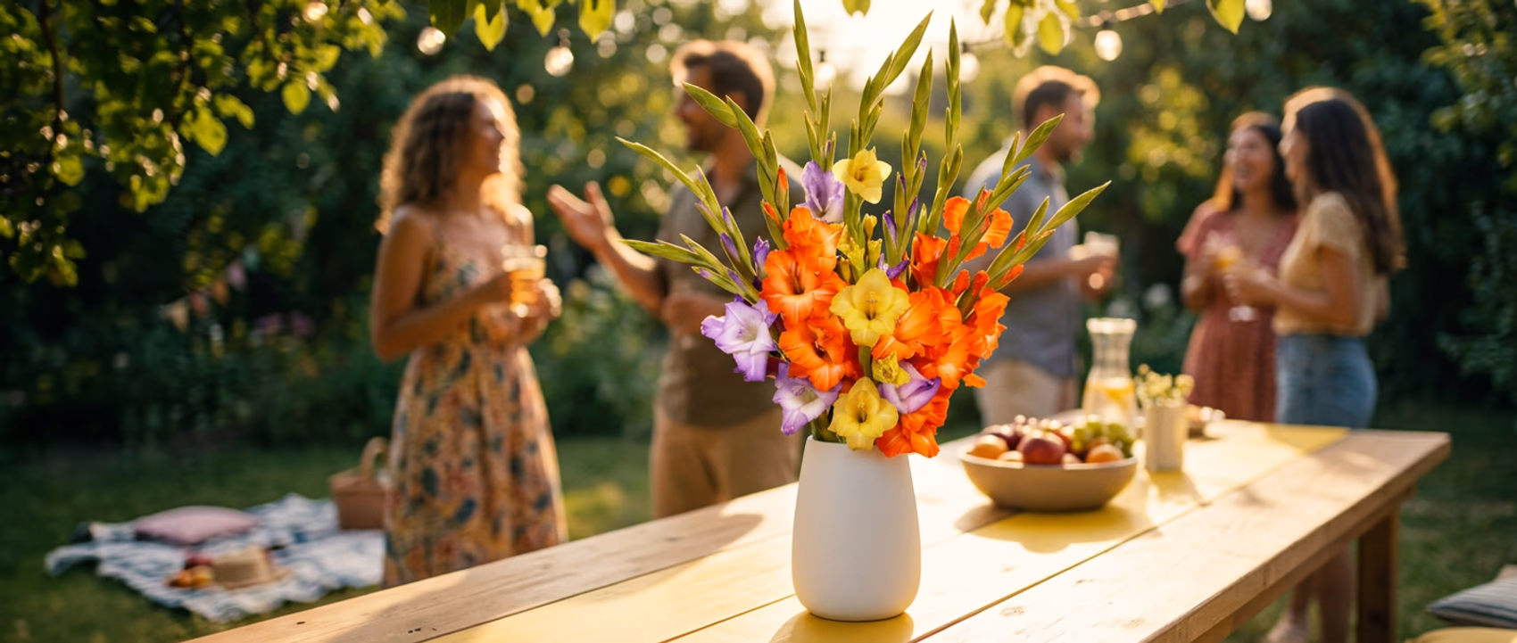 Pink and yellow flowers in a white vase on a table