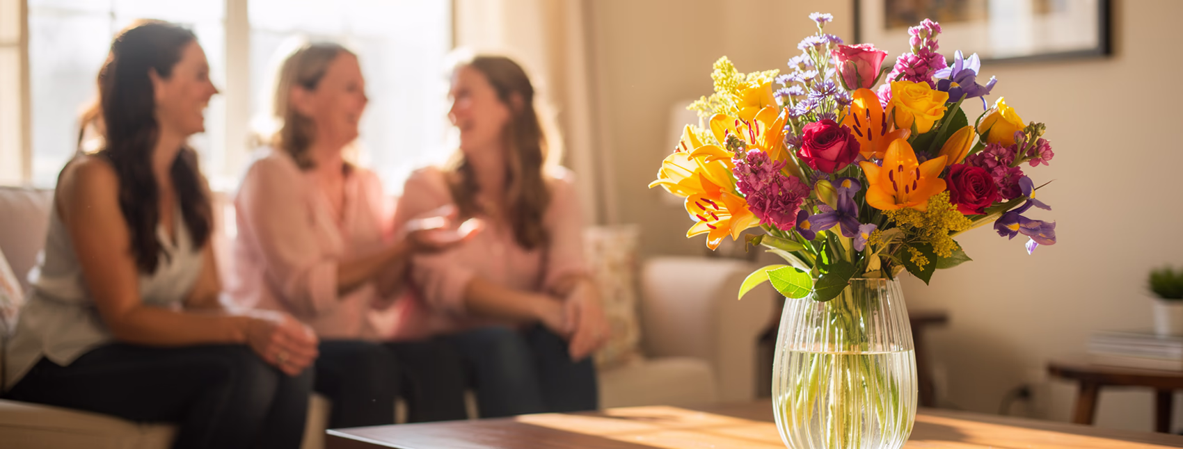 Women sat on the sofa laughing and talking with a bouquet of flowers on the table