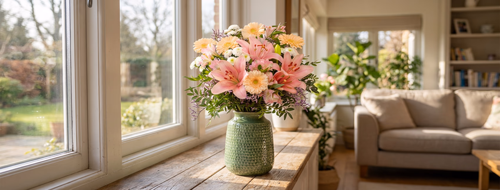 A landscape shot of a beige textured vase on a grey coffee table filled with a mix of yellow and white flowers surrounded by green foliage. The background features a beige sofa and a sage green wall.