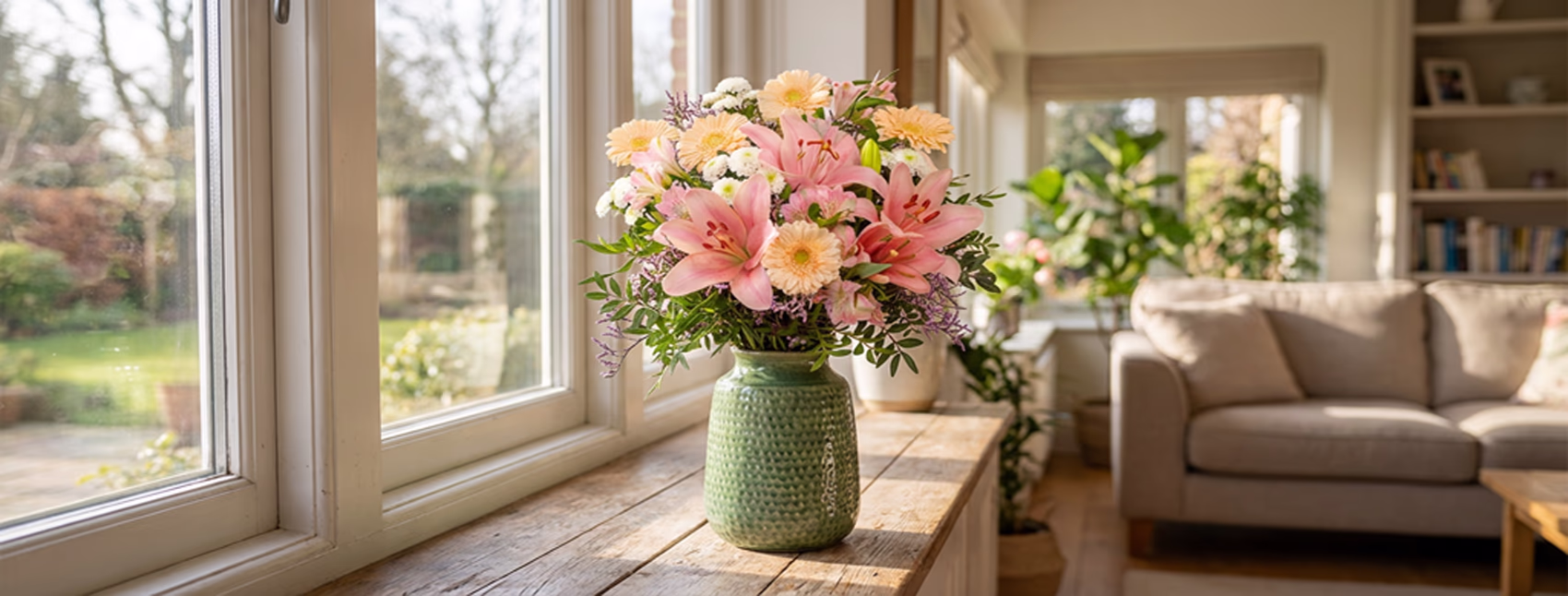 A landscape shot of a beige textured vase on a grey coffee table filled with a mix of yellow and white flowers surrounded by green foliage. The background features a beige sofa and a sage green wall.