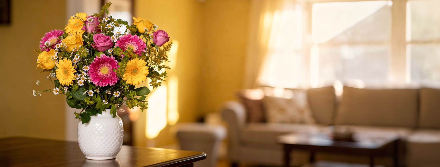 Pink and yellow flowers in a white vase on a table